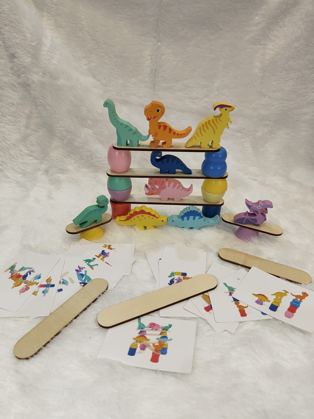 Little Roots Montessori Wooden Dinosaur Pillars & Balance Tower